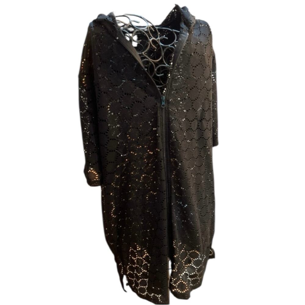 Cover Me Black V-Neck Zip Hooded Crocheted Lace Swim Cover-Up Size Large